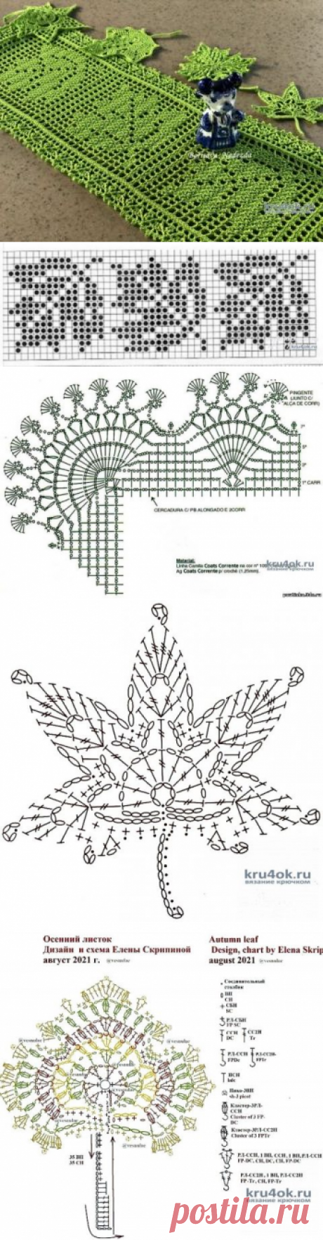 Салфетка-дорожка ЛИСТОПАД и декор листья крючком. Работа Надежды Борисовой