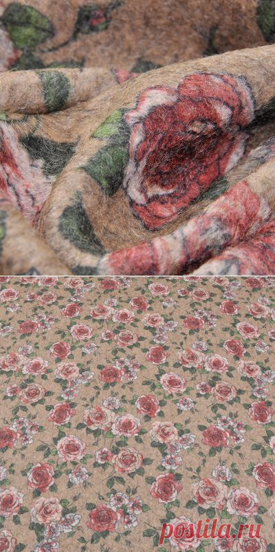 Зимний полушерстяной трикотаж с цветочным принтом на бежевом фоне | IMBAL.RU - Ткани оптом со склада в Москве