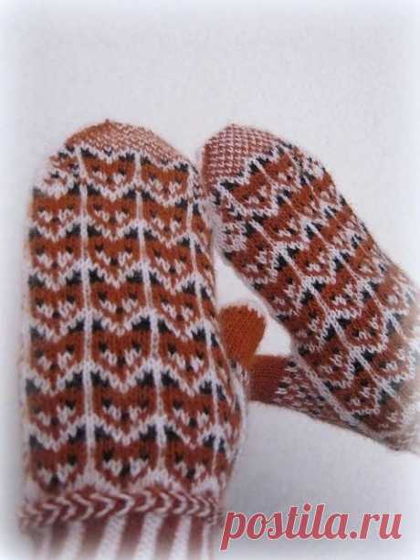 Варежки с лисичками, вяжем спицами