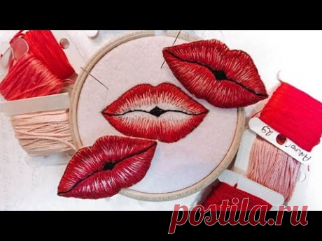 💋 Вышивка гладью. Стильная вышитая гладью брошь Поцелуй.