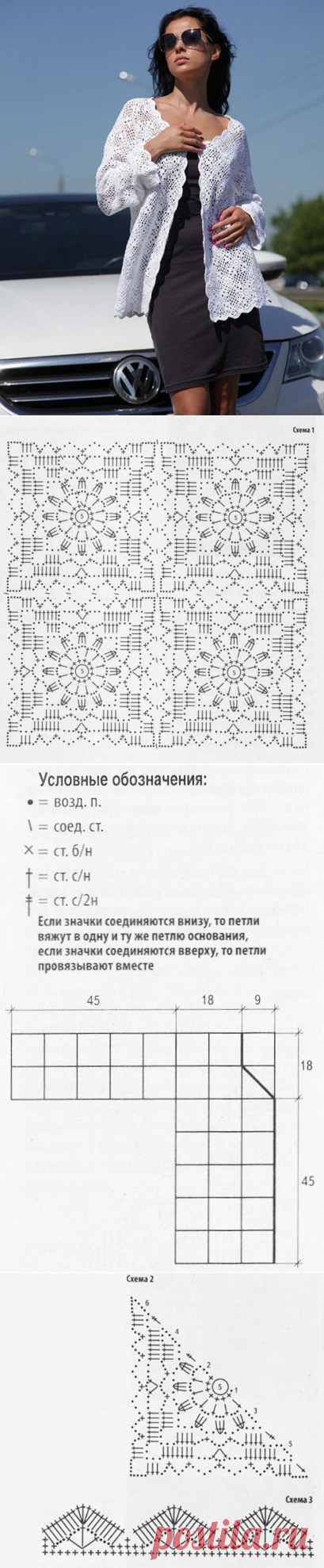 Ажурный кардиган узором из квадратных мотивов белого цвета крючком – схемы с описанием вязания