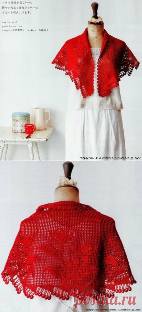 Шаль выполнена крючком в филейной технике. Схема. /