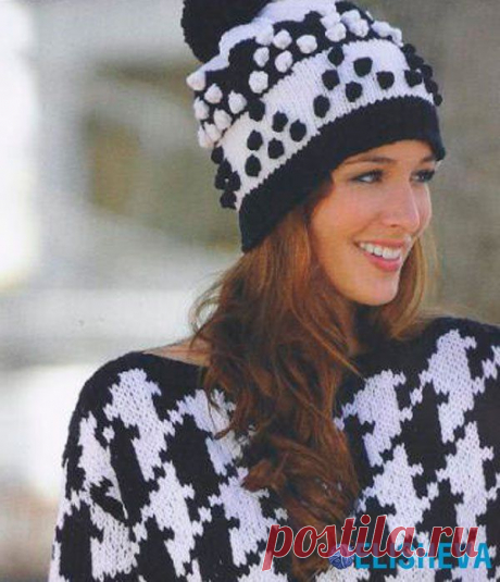 Черно-белая шапка с шишечками и помпоном, вязаная спицами