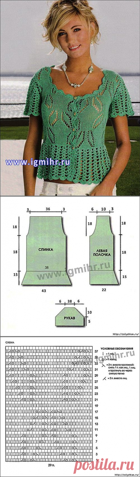 Зеленая ажурная блузка с баской, от итальянских дизайнеров. .
Вам потребуется: 300 г зеленой пряжи MONDIAL STUPORE (50% хлопка, 50% полиамида; 120 м/30 г), прямые спицы № 4, крючок № 3.