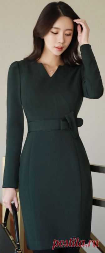 StyleOnme_Ribbon Detail Slim Fit Dress #darkgreen #modern #dress #koreanfashion #kstyle #kfashion #officelook #falltrend