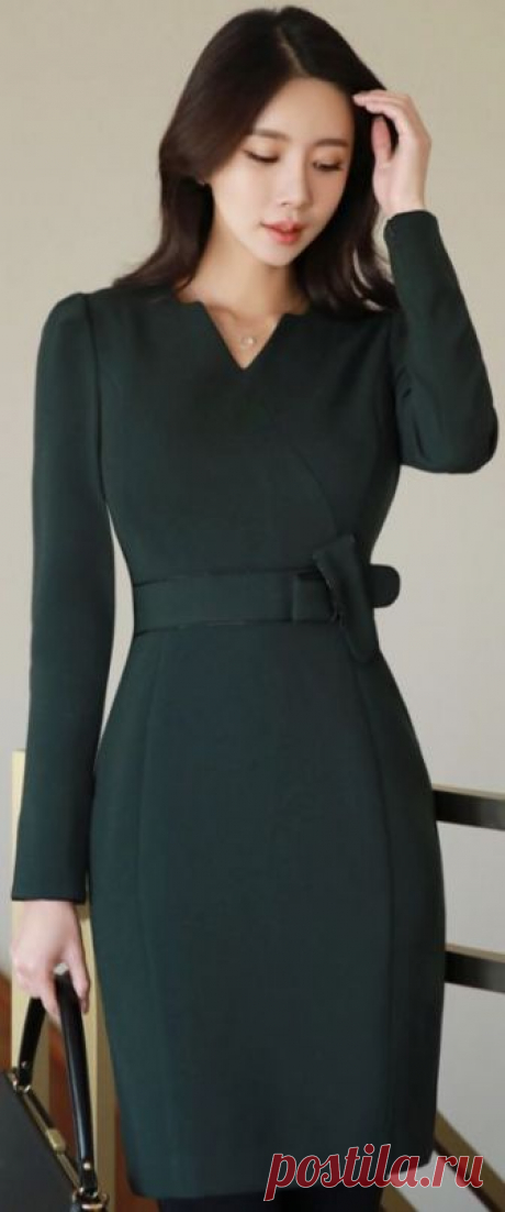 StyleOnme_Ribbon Detail Slim Fit Dress #darkgreen #modern #dress #koreanfashion #kstyle #kfashion #officelook #falltrend