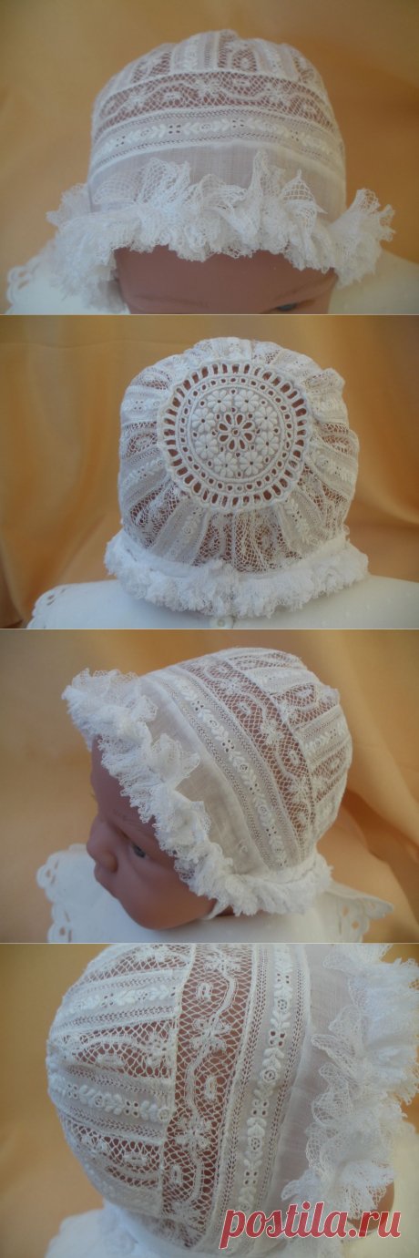 Articles vendus &gt; Linge ancien de bébé &gt; LINGE ANCIEN/ Adorable petit bonnet de bébé en linon réalisé à la main avec dentelles et entre deux brodé - Passion de Blanc - Broderie ancienne - Antique &amp; Vintage French linen