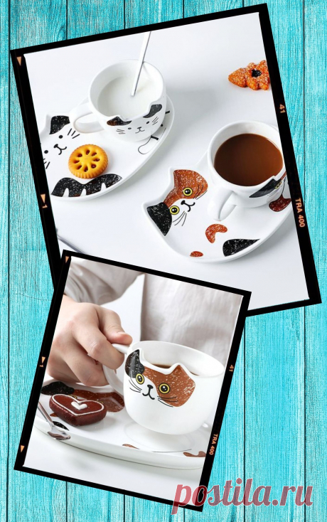 Набор из блюдца и кружки в виде котиков. У кружки есть выдающиеся кошачьи уши