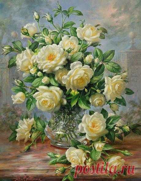 Princess Diana Roses in a Cut Glass Vase Print by Albert Williams