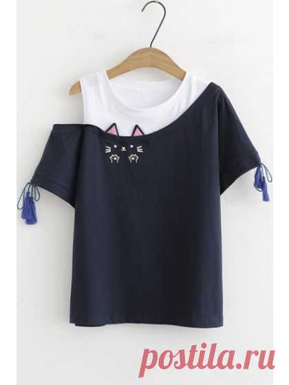 Girls Cute Cat Embroidery Round Neck Cold Shoulder Tassel Short Sleeve Patched Casual T-Shirt #Chic405996 | WithChic