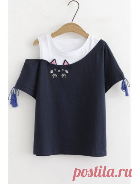 Girls Cute Cat Embroidery Round Neck Cold Shoulder Tassel Short Sleeve Patched Casual T-Shirt #Chic405996 | WithChic