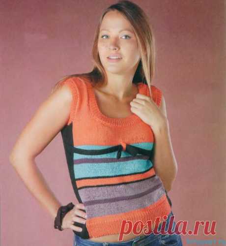 Топ спицами из остатков пряжи - Хитсовет Топ спицами из остатков пряжи. Вам потребуется: пряжа (100% микрофибра, 152 м/50 г) -100 г черного цвета, 50 г оранжевого цвета, остатки фиолетового, сиреневого и голубого цветов, спицы №,2, №3 и №4.