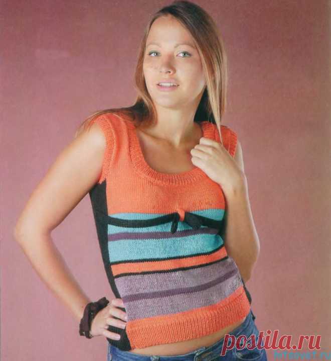 Топ спицами из остатков пряжи - Хитсовет Топ спицами из остатков пряжи. Вам потребуется: пряжа (100% микрофибра, 152 м/50 г) -100 г черного цвета, 50 г оранжевого цвета, остатки фиолетового, сиреневого и голубого цветов, спицы №,2, №3 и №4.