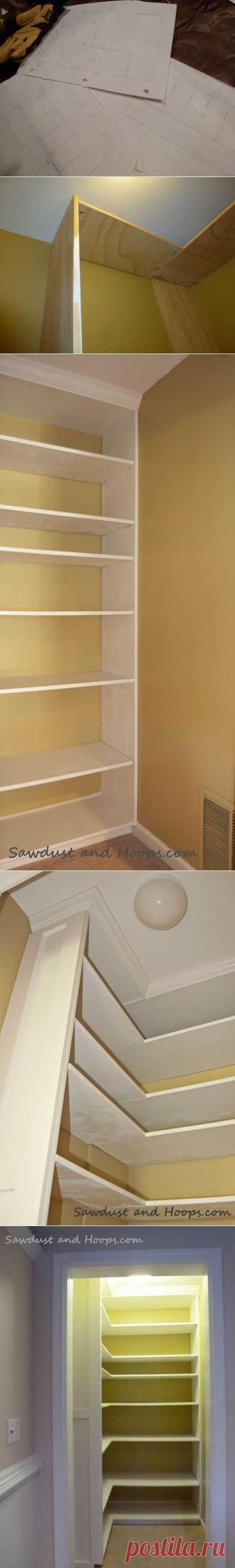 Built-in Closet Shelves – Adjustable and Topped with Crown Molding; Sawdust and Hoops
