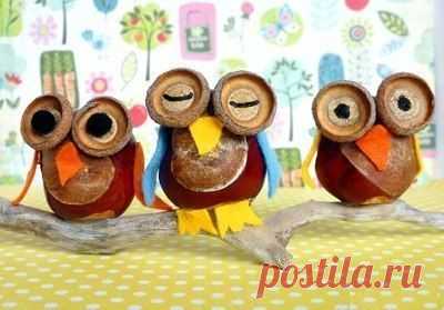 Совы из каштана . осенние поделки