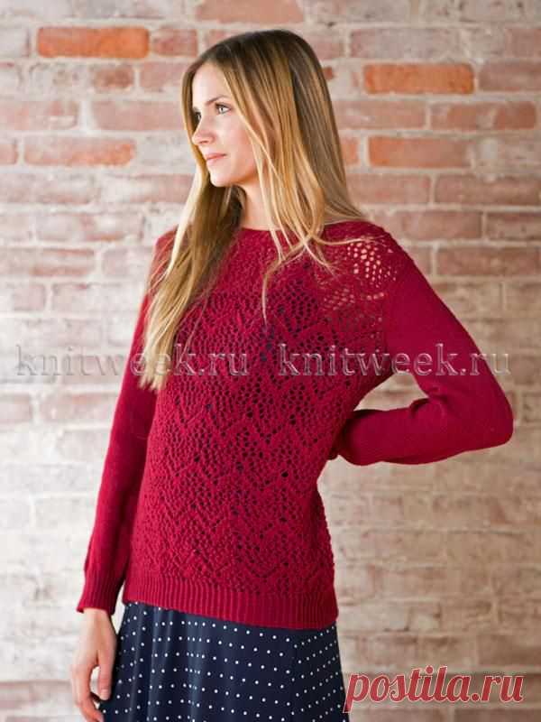 Ажурный свитер спицами с шевронами на knitweek.ru