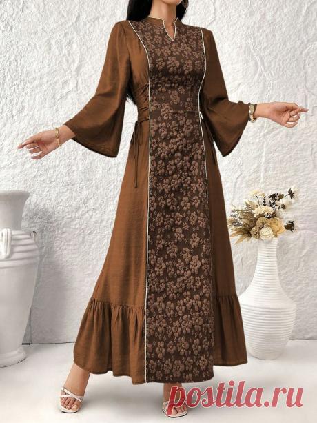 SHEIN Najma Women's Jacquard Patchwork Criss-Cross Waist Arabic Style Dress