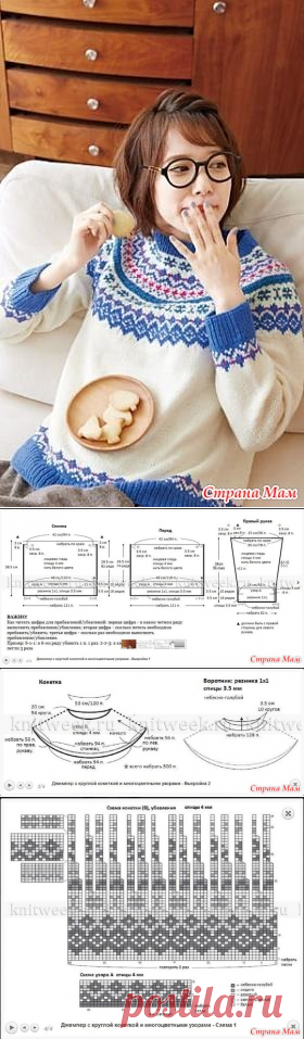 Джемпер с круглой кокеткой и многоцветными узорами - Жаккард - Страна Мам