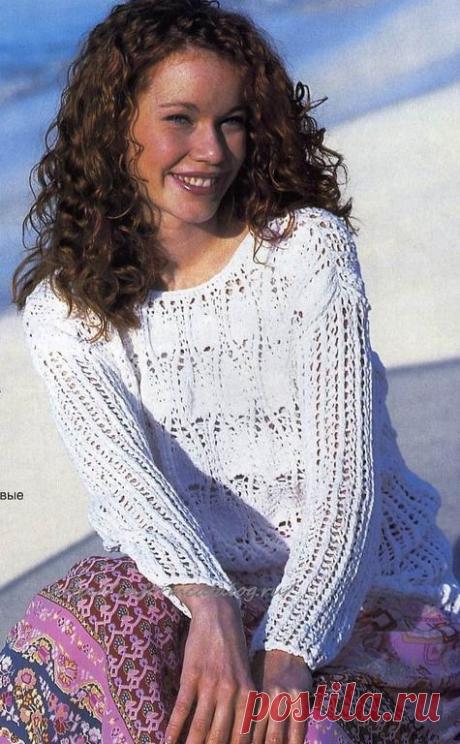 Белый Пуловер с Узором из Листьев | Ниточка