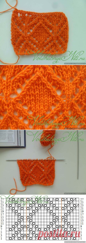 Ажурный узор спицами "Ромбы". Схема и описание вязания.