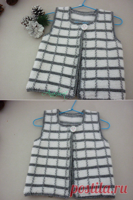 Hand knit baby vest.Plaid baby vest.White baby vest.