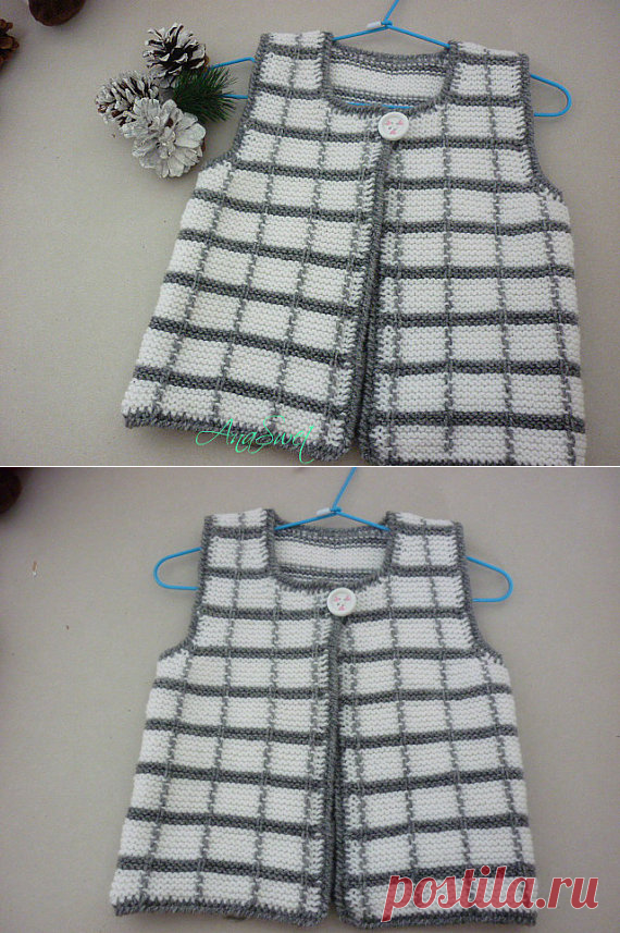 Hand knit baby vest.Plaid baby vest.White baby vest.