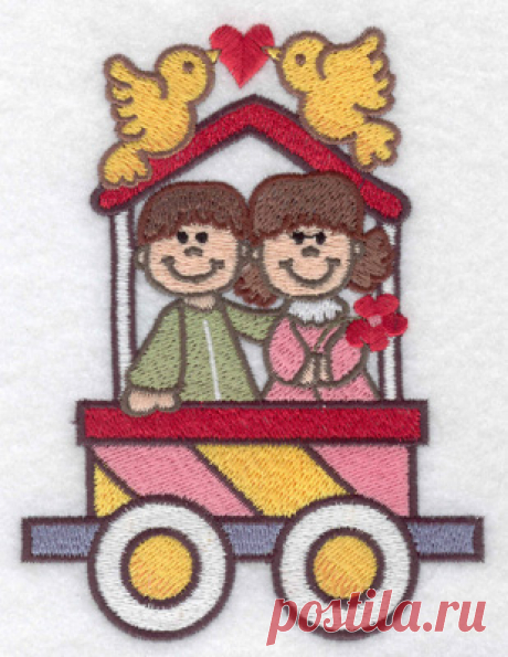 Embroidery Design: Train with love birds large 3.66w X 4.91h Machine embroidery design: Valentine Train, Valentine embellishment love romance heart flower birds boy girls train with love birds cartoon decorative unrealistic