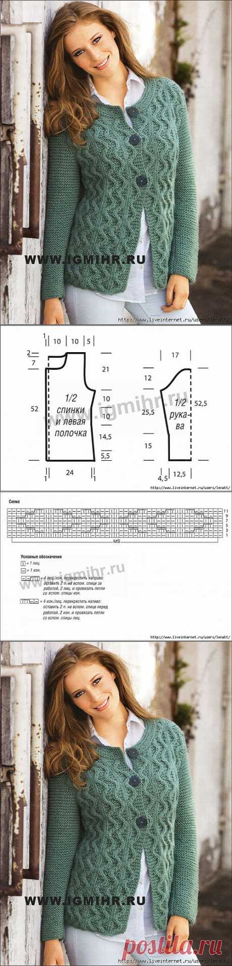 Спицы.Кардиган с узором из зигзагов.