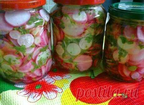 РЕДИС  НА ЗИМУ консервированный!  **Нарезать кружками редис 1.5кг, и смешать  с укропом. Разогреть до брызг  раст/масло 15с/л, охладить. Чтобы редис имел выраженный вкус - добавим мелко резаный перец Чили 2шт, кинем в кипящ/подсолен/воду 1л, кипятим 10мин! Охладить, добавьте 6% уксус 0.5стак.  Банки стерилизовать, влить охлажд/раст/масло, уложить редис, зелень. Залить маринадом, и закатать.