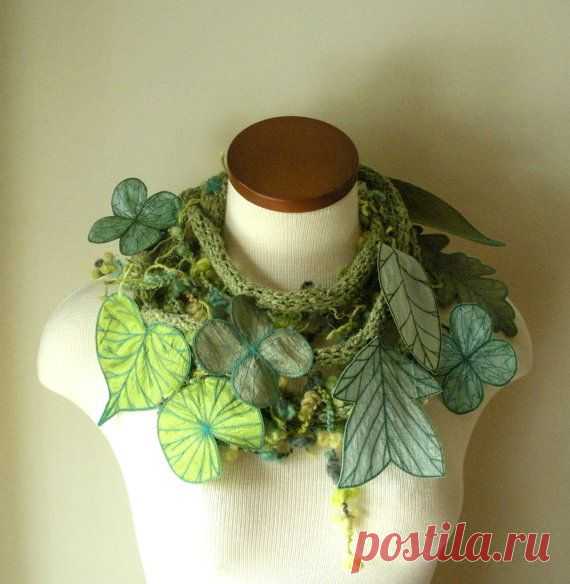 Long and Leafy Scarf with Embroidered Leaves- Light Sage Green with Teal and…