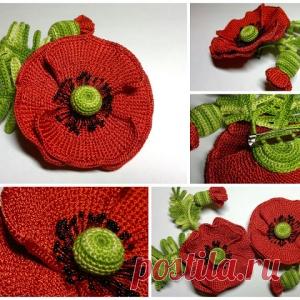 Вяжем крючком брошь Мак