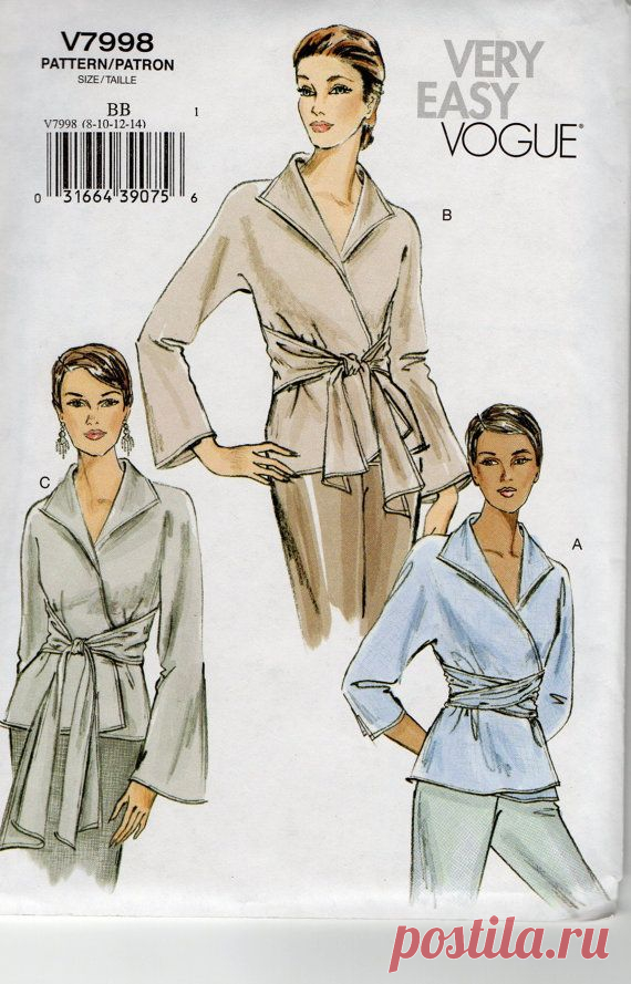 Vogue 7998 Very Easy Misses Wrap Blouse Pattern Womens Sewing Pattern Size 8…