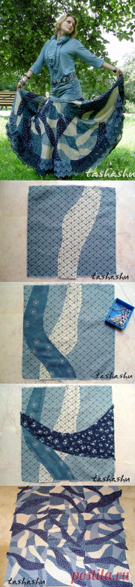 Создаём &quot;кривое&quot; лоскутное полотно и шьём «бохо» юбку из старых джинсов