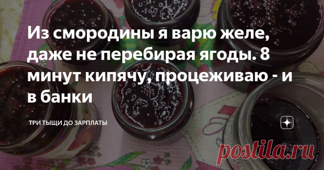Из смородины я варю желе, даже не перебирая ягоды. 8 минут кипячу, процеживаю - и в банки У нас созрела черная смородина (красную я не люблю, поэтому у меня её нет, мама уже собрала у себя). Что с ней делать, если варенье мы не любим - этот вопрос я себе уже 3 года не задаю. Нашла классный рецепт смородинового желе на зиму в стареньком журнале с черно-белыми картинками ещё. Теперь, вот уже третий год, все ягоды перевариваю в желейку, как называет её мой младший сын.  Храня...