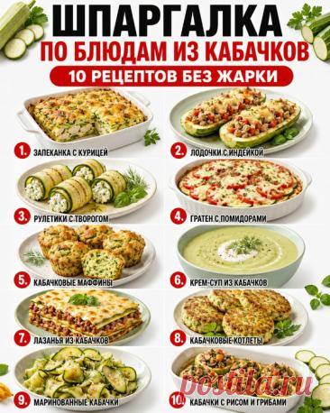 ШПАРГАЛКА ПО БЛЮДАМ ИЗ КАБАЧКОВ БЕЗ ЖАРКИ