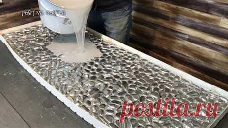 Quilted Chest of Drawers. Table Top made of Foil, Pebbles and Epoxy. Комод с Фольгой и Эпоксидкой.