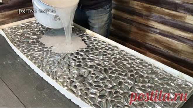 Quilted Chest of Drawers. Table Top made of Foil, Pebbles and Epoxy. Комод с Фольгой и Эпоксидкой.