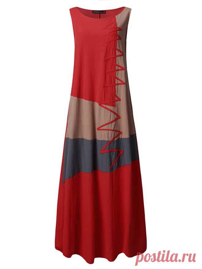 ZANZEA Print Patchwork ärmellos Plus Größe Maxi Kleid mit Taschen - NewChic