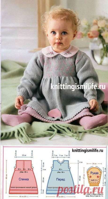 Вязаное спицами серое платье с длинным рукавом и жаккардовым рисунком для девочки от 12 – 15 месяцев.