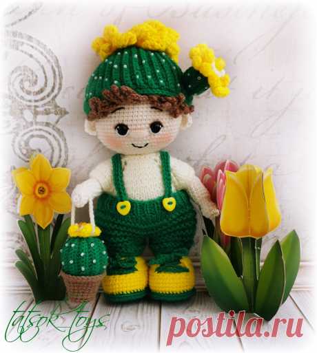 PDF Пупс малыш Цветущий кактус крючком. FREE crochet pattern; Аmigurumi doll patterns. Амигуруми схемы и описания на русском. Вязаные игрушки и поделки своими руками #amimore - кукла, пупс, куколка, мальчик.