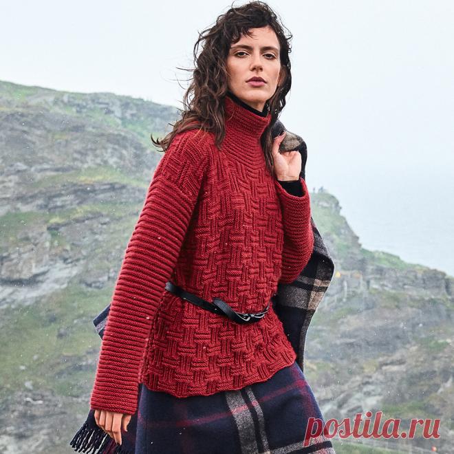 Красный свитер с воротником гольф - схема вязания спицами. Вяжем Свитеры на Verena.ru