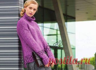 Свитер с удлиненной спинкой спицами. Модная модель свободного женского свитера с удлиненной спинкой из толстой пряжи с бесплатным описанием вязания. Вам потребуется: 550 (600, 650) грамм цвета фуксии меланжевой пряжи
