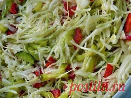 КАПУСТКА "МЕДОВАЯ"

Ингредиенты:

- 500 г белокочанной капусты
- 1-2 болгарского перца
- 3-4 маринованных огурчика
- 1 луковица

Заправка:

- 1.5 столовые ложки меда
- 1 чайная ложка соли
- 3 - 4 столовые ложки уксуса (9%)
- оливковое или подсолнечное масло 3-4 ложки.

Приготовление:

1.
Капусту нашинковать тонкой соломкой, помять руками до мягкости, перец
нарезать мелкими полосками, огурчики тоже, лук кубиками. Все перемешать.

2. Сделать заправку - если мед густой, то ра...