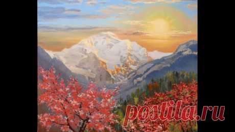 Восход в горах. Картина маслом по-этапно. Sunrise in the mountains. Oil painting step by step - YouTube
