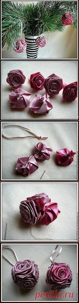 Новогодний шар из атласных роз - Ярмарка Мастеров - ручная работа, handmade