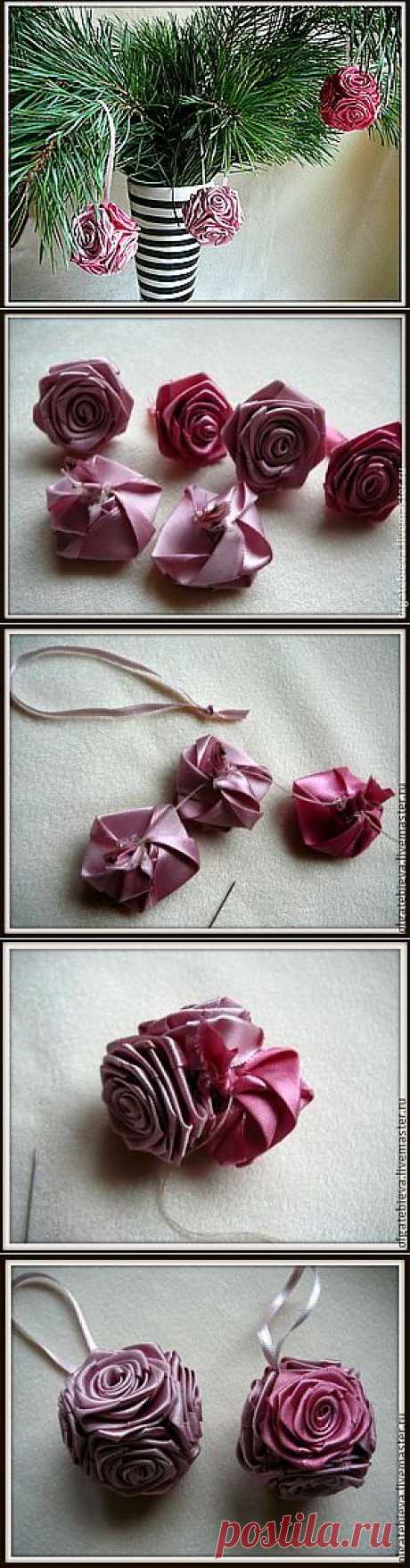 Новогодний шар из атласных роз - Ярмарка Мастеров - ручная работа, handmade