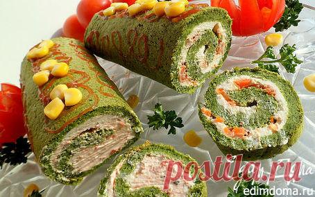 Шпинатный рулет со сливочным сыром и соленой семгой | Кулинарные рецепты от «Едим дома!»