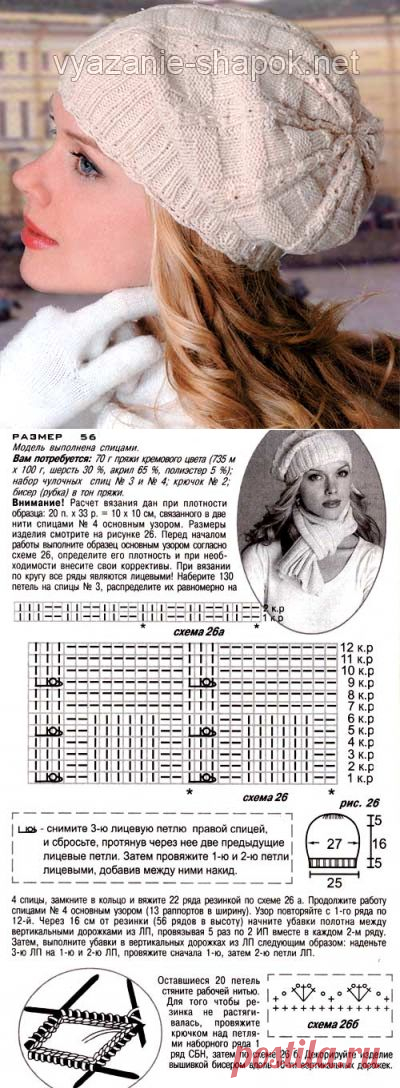 Белая теплая шапка-мешок спицами