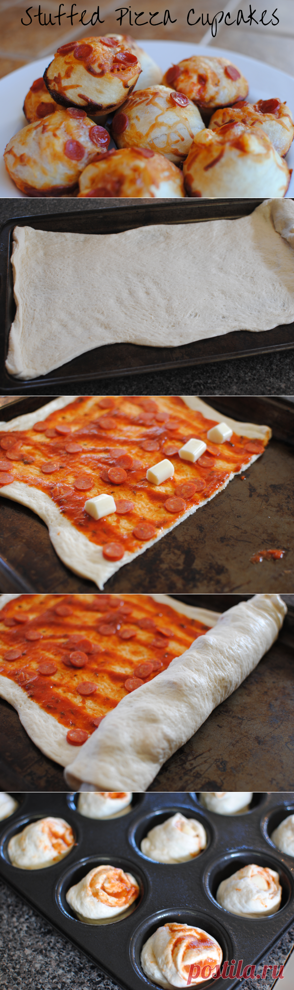 Stuffed Pizza Cupcakes | Pennywise Cook. 1 pkg Store-Bought Pizza Dough
1/2 Jar Pizza Sauce
1 c. Mini Pepperonis, Divided
1/2 c. Shredded Mozzarella Cheese
6 Mozzarella String Cheese, cut into 1 inch pieces