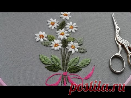 Hand Embroidery: Daisy flower 🌼 Вышивка: Ромашки - YouTube